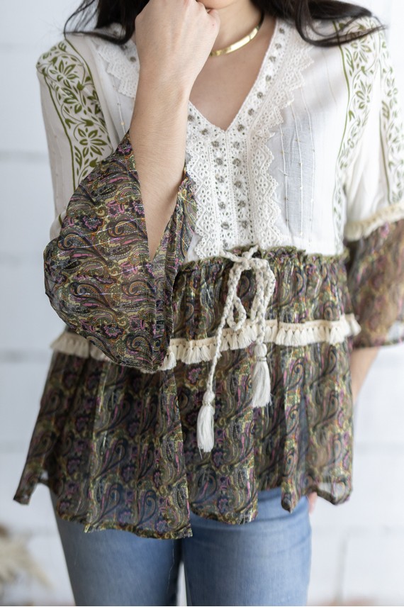 Blusa Boho Estampado Sari India hilo Plateado