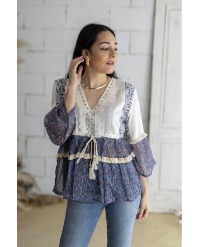 Blusa Boho Estampado Sari India hilo Plateado