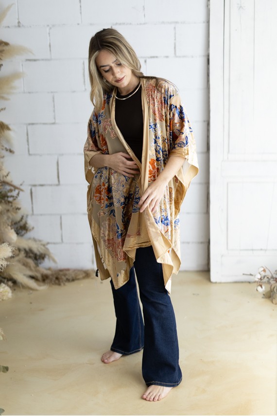 Kimono Boho Seda y Viscosa con Flores en Terciopelo