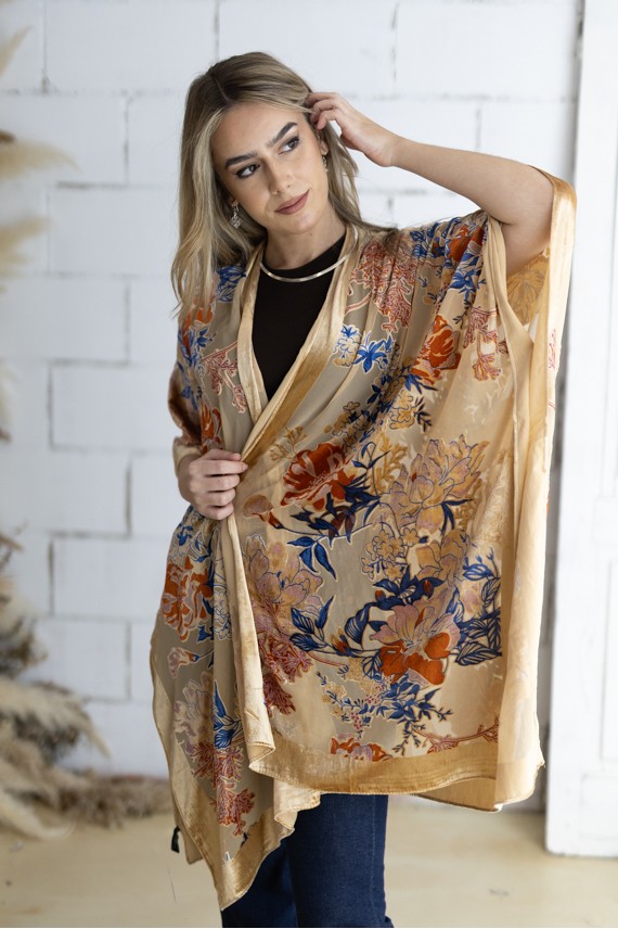Kimono Boho Seda y Viscosa con Flores en Terciopelo
