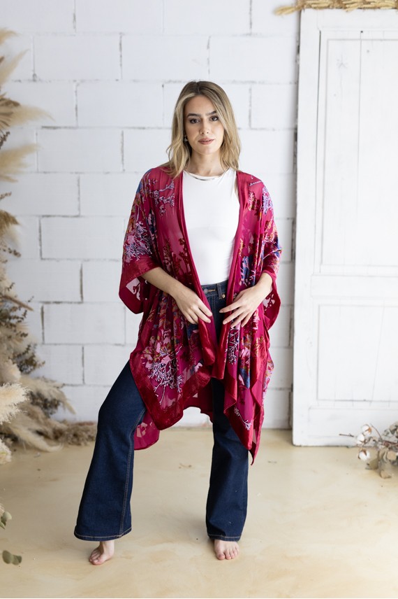 Kimono Boho Seda y Viscosa con Flores en Terciopelo