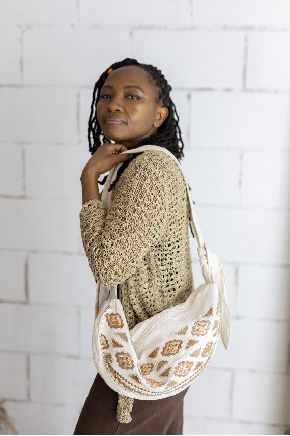 Bolso Boho Lino Bordado con Lentejuelas y Asa Regulable