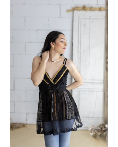 Blusa Boho Fluida con Hilo Dorado y Puntilla