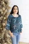 Blusa Boho Azul Estampado Sari Volantes