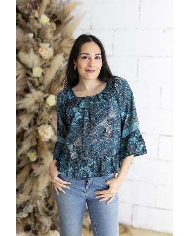 Blusa Boho Azul Estampado Sari Volantes
