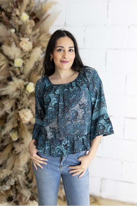 Blusa Boho Azul Estampado Sari Volantes