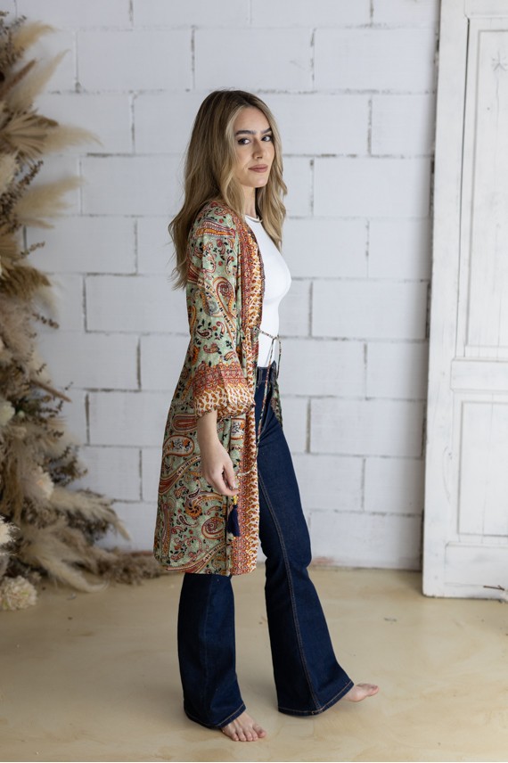 Kimono Boho Midi de Seda Sari con Hilo Dorado