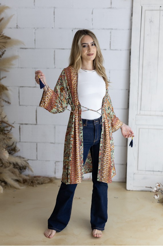 Kimono Boho Midi de Seda Sari con Hilo Dorado