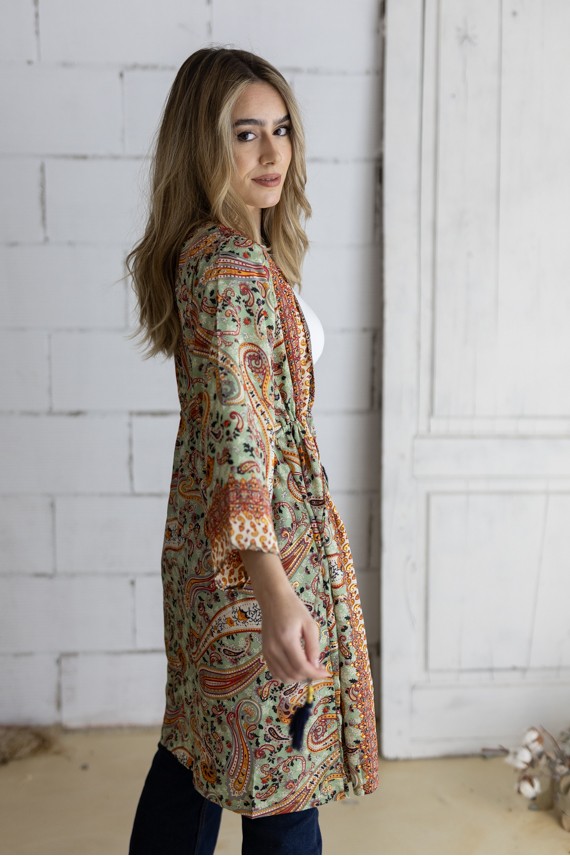 Kimono Boho Midi de Seda Sari con Hilo Dorado