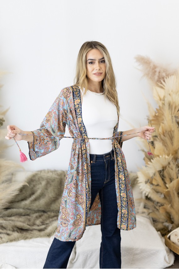 Kimono Boho Midi de Seda Sari azul Hilo Dorado