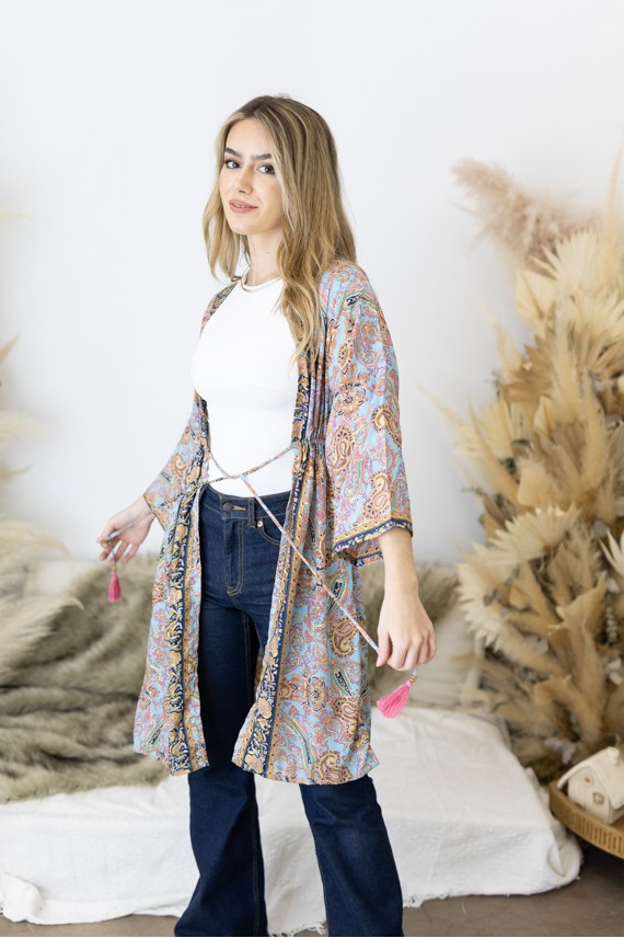 Kimono Boho Midi de Seda Sari azul Hilo Dorado