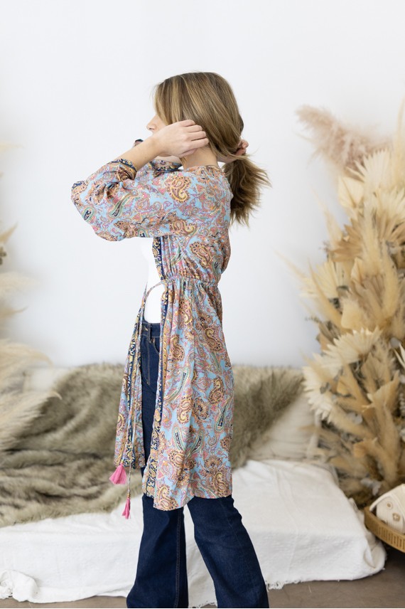 Kimono Boho Midi de Seda Sari azul Hilo Dorado