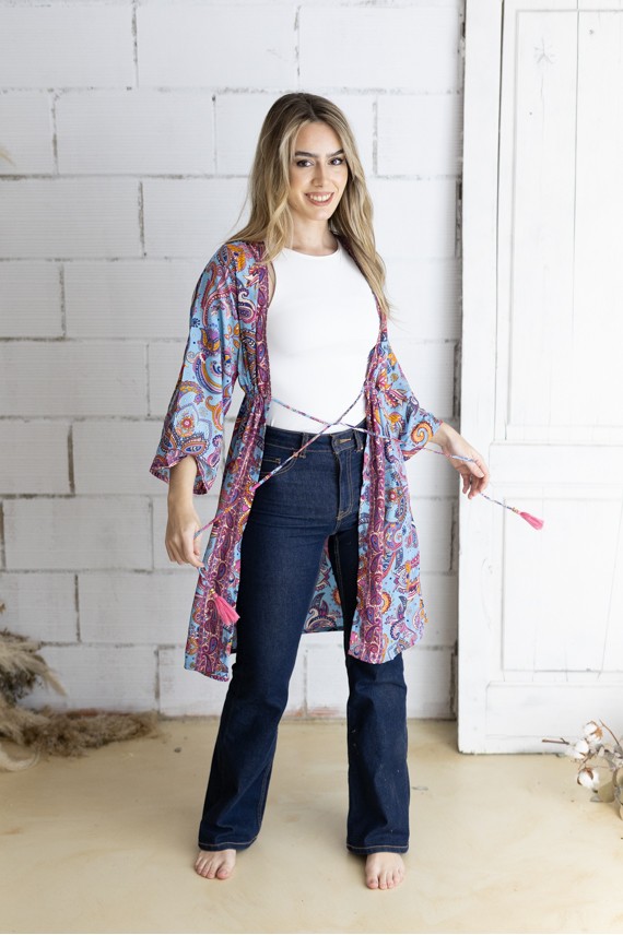 Kimono Boho Midi de Seda Sari Turquesa y Rosa Hilo Dorado