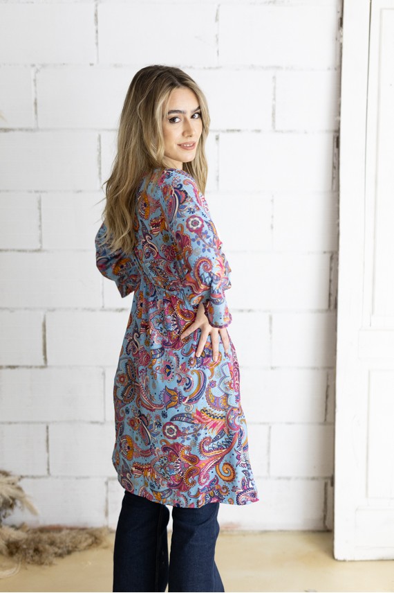 Kimono Boho Midi de Seda Sari Turquesa y Rosa Hilo Dorado