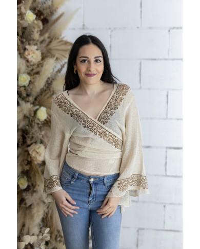 Top Boho Red Algodón Orgánico Pareo Block Printing Oro