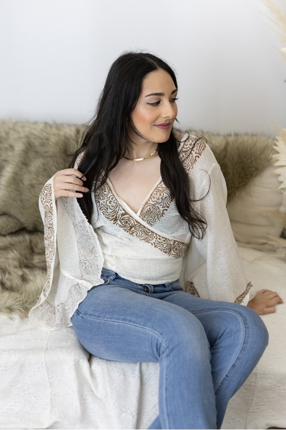 Top Boho Red Algodón Orgánico Pareo Block Printing Oro