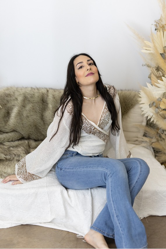 Top Boho Red Algodón Orgánico Pareo Block Printing Oro