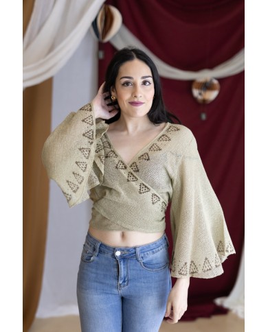 Top Boho Red Algodón Orgánico Pareo Block Printing Oro