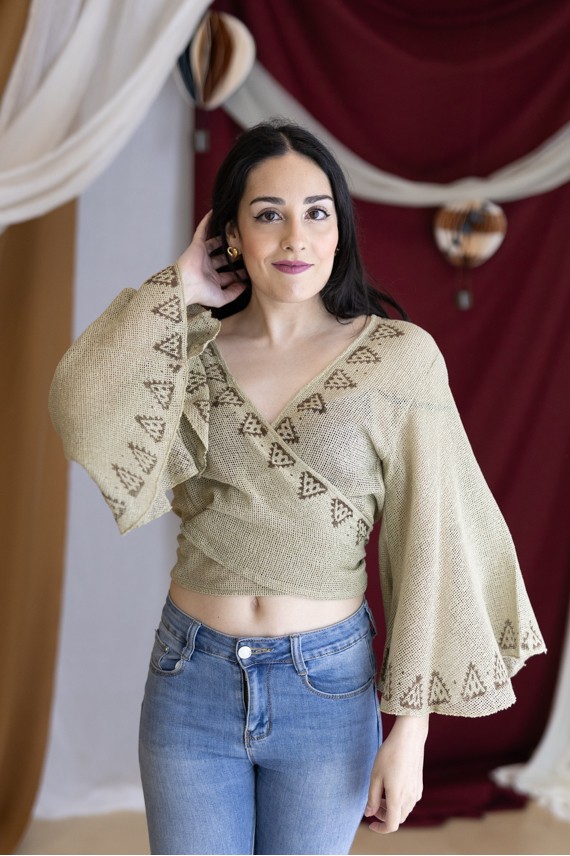 Top Boho Red Algodón Orgánico Pareo Block Printing Oro