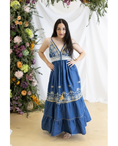 Vestido Boho Vaquero Algodón Orgánico Bordados Florales