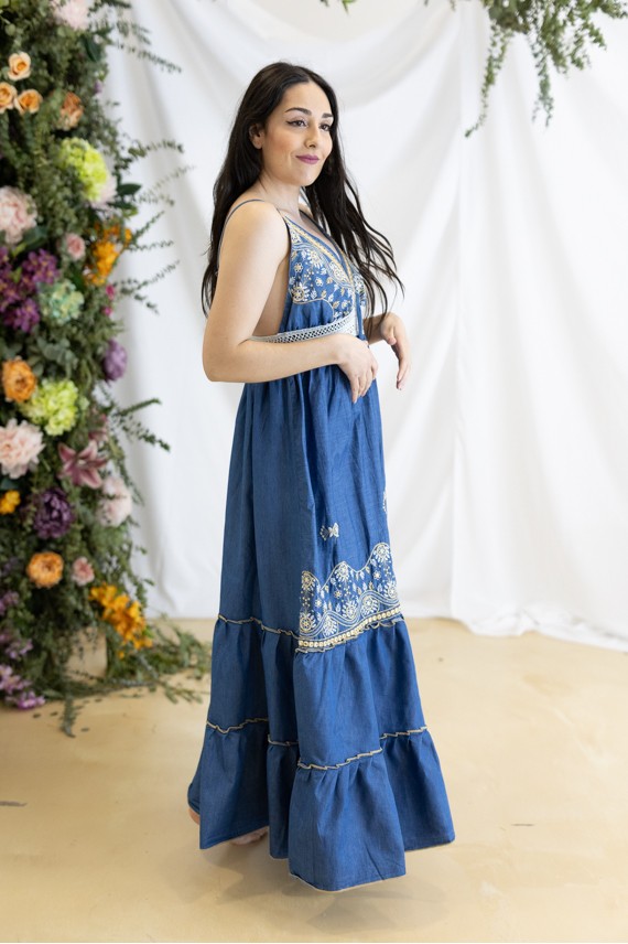 Vestido Boho Vaquero Algodón Orgánico Bordados Florales