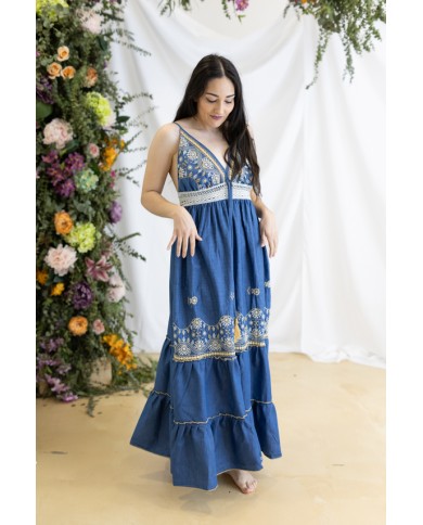 Vestido Boho Vaquero Algodón Orgánico Bordados Florales