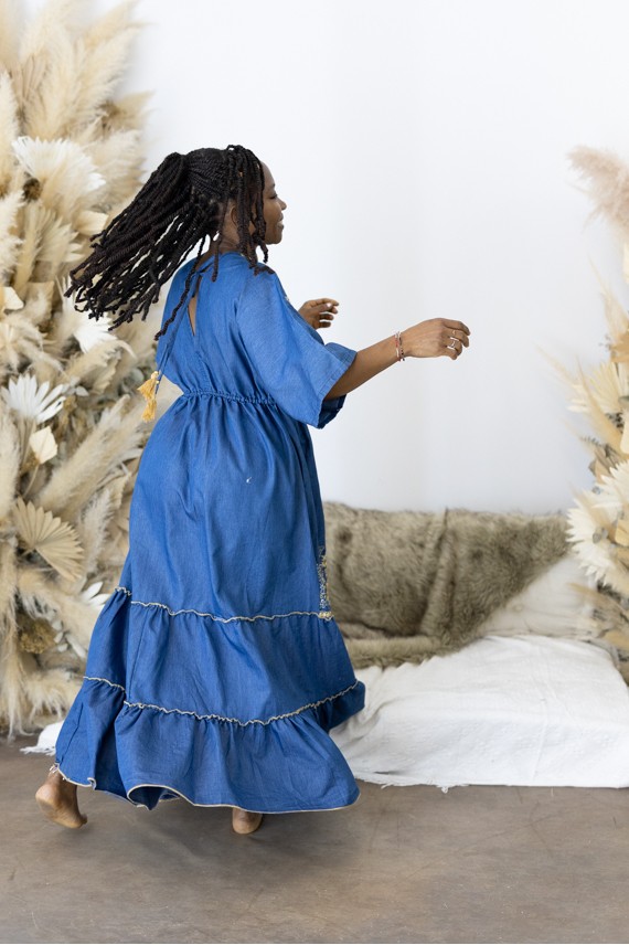 Vestido Boho Vaquero Algodón Orgánico Bordados Florales con Mangas