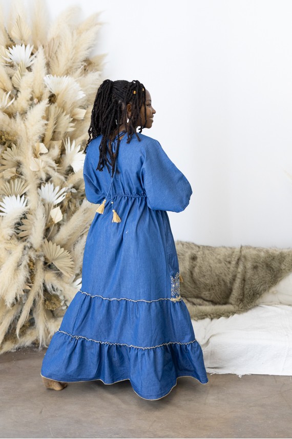 Vestido Boho Vaquero Algodón Orgánico Bordados Florales con Mangas