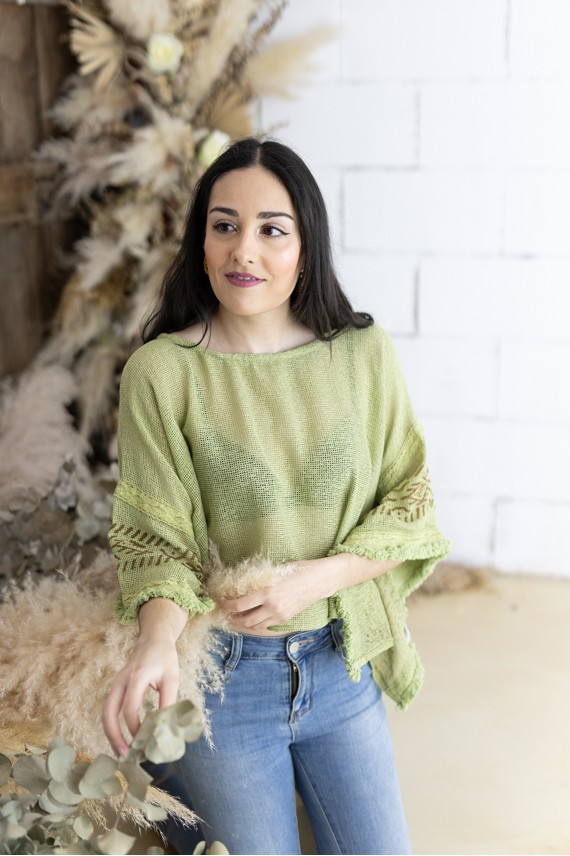 Blusa Boho Casapalma Algodón Calado Flecos