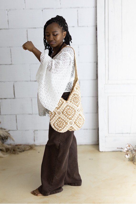 Bolso de Ganchillo en Algodón Beige y Marrón