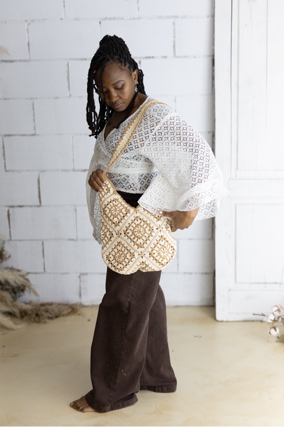 Bolso de Ganchillo en Algodón Beige y Marrón