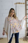 Blusa Poncho Bordada Algodón Burdeos