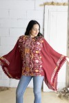 Blusa Poncho Bordada Algodón Burdeos