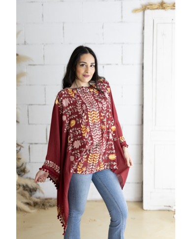 Blusa Poncho Bordada Algodón Burdeos