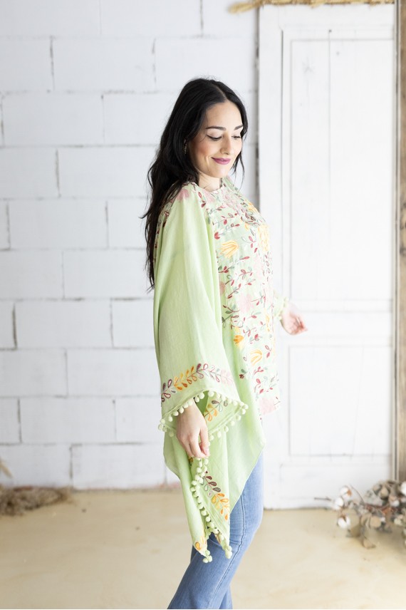 Blusa Poncho Bordada Algodón Verde Agua