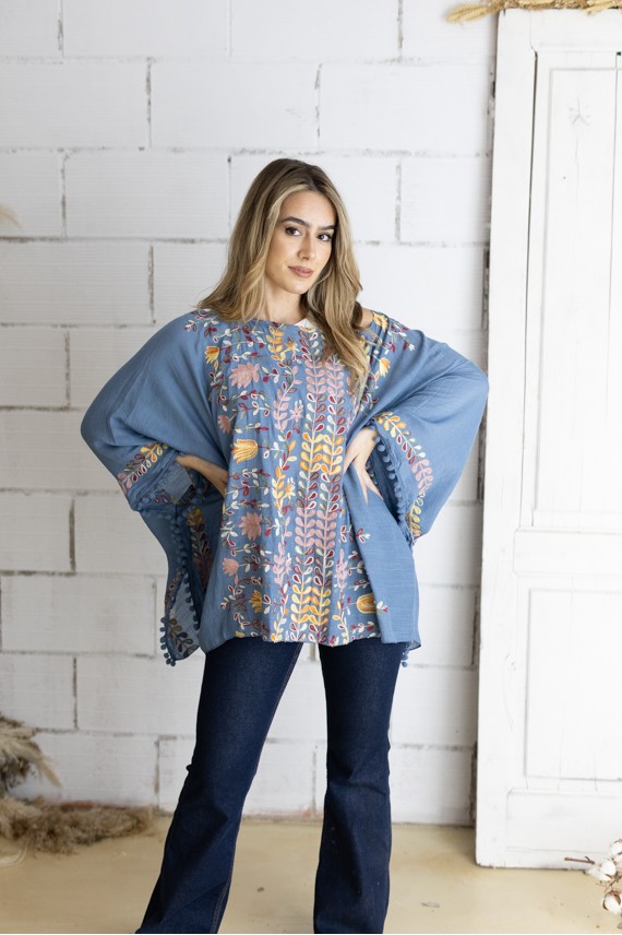 Blusa Poncho Bordada Algodón Azul