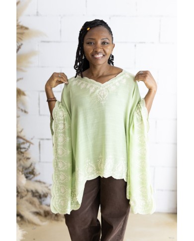 Blusa Mustt Verde agua Algodón Bordados y Escote Pico