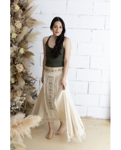 Falda Larga Asimétrica Algodón Nude Bordado Étnico
