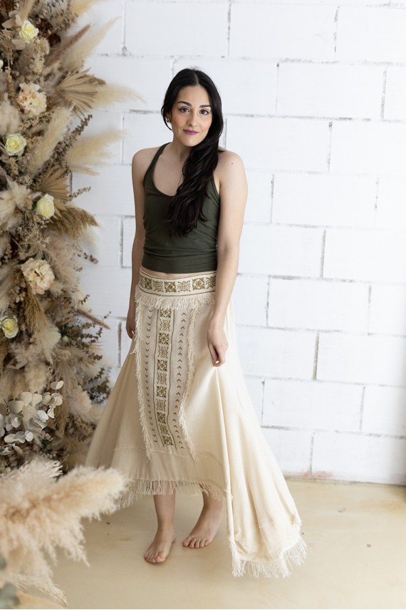 Falda Larga Asimétrica Algodón Nude Bordado Étnico