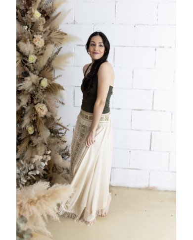 Falda Larga Asimétrica Algodón Nude Bordado Étnico