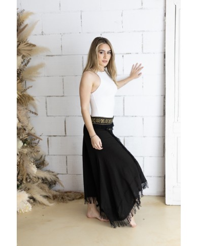 Falda Larga Asimétrica Algodón Negro Bordado Étnico