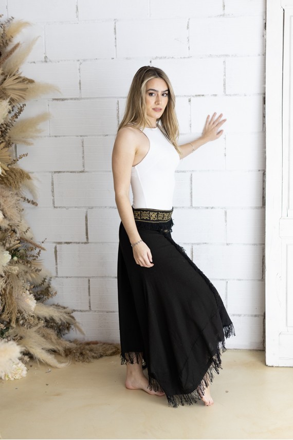 Falda Larga Asimétrica Algodón Negro Bordado Étnico