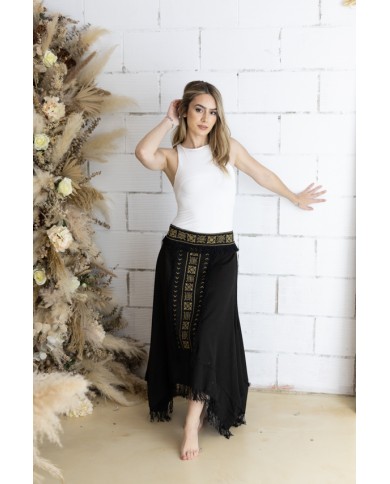 Falda Larga Asimétrica Algodón Negro Bordado Étnico