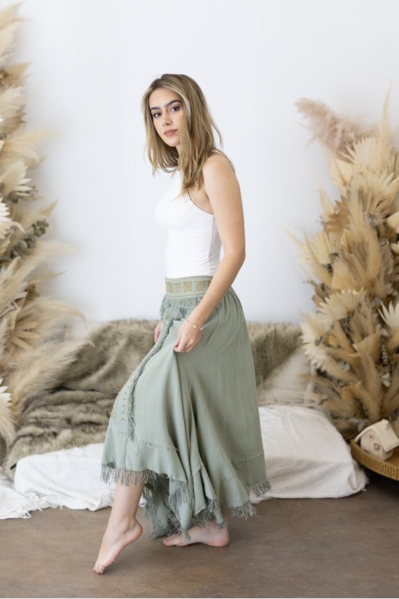 Falda Larga Asimétrica Algodón Verde Bordado Étnico