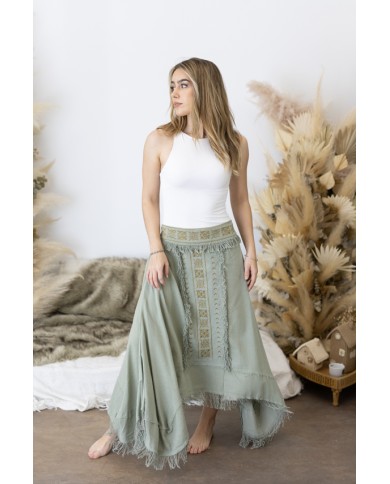 Falda Larga Asimétrica Algodón Verde Bordado Étnico