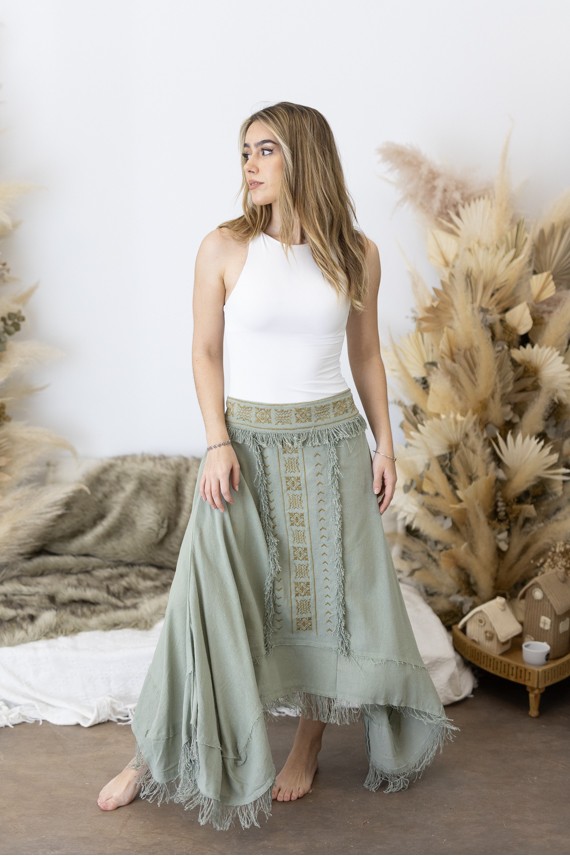 Falda Larga Asimétrica Algodón Verde Bordado Étnico