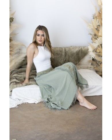 Falda Larga Asimétrica Algodón Verde Bordado Étnico