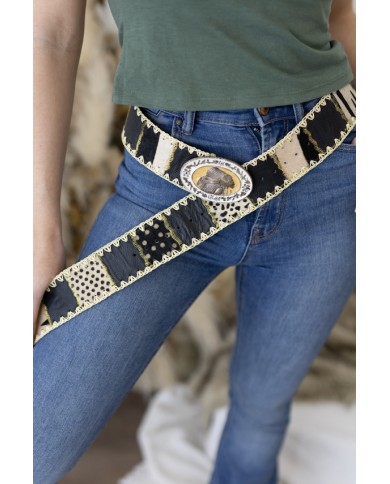 Cinturón Piel Patch Animal Print Hebilla Étnica
