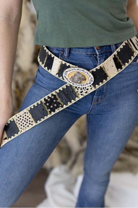 Cinturón Piel Patch Animal Print Hebilla Étnica