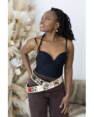 Cinturón Piel Patch Animal Print Hebilla Étnica 2